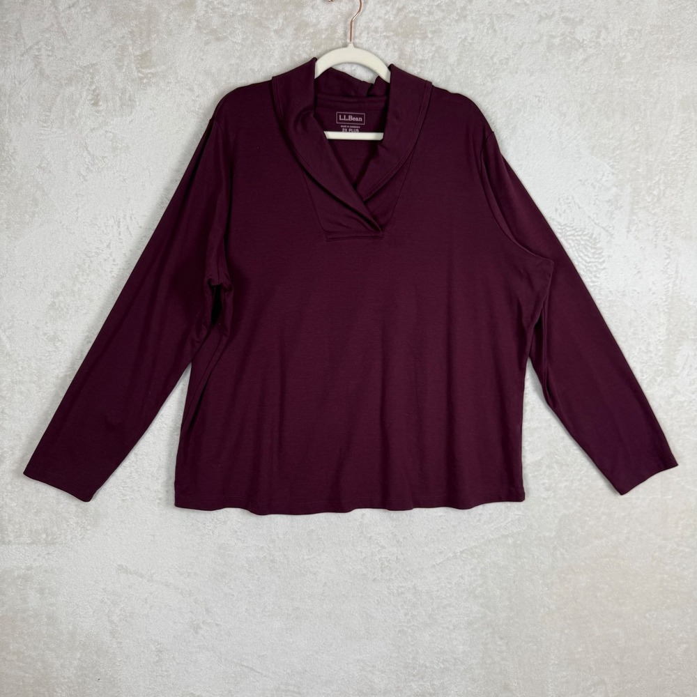 LL Bean Womens 2X Plus Burgundy Shawl Collar Long Sleeve‎ Plum Pima Cotton
